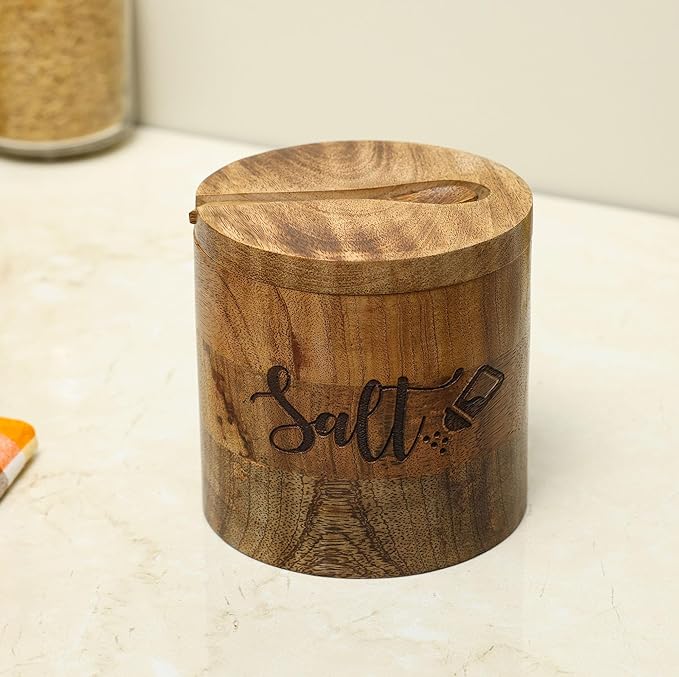 dudki Wooden Salt Box with Magnetic Lid with Attached Spoon on Top| Round Salt Container|