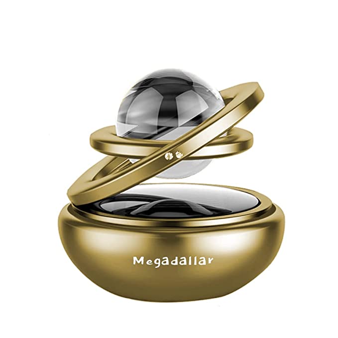 Megadallar Solar Powered Metal Double Ring with Crystal Rotating Car Air Freshner