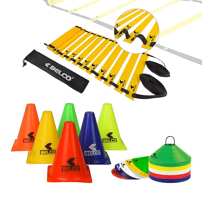 BELCO SPORTS PVC Cones, Pack 6, 10 Space Markers and Ladder Agility, 4 Meter Combos