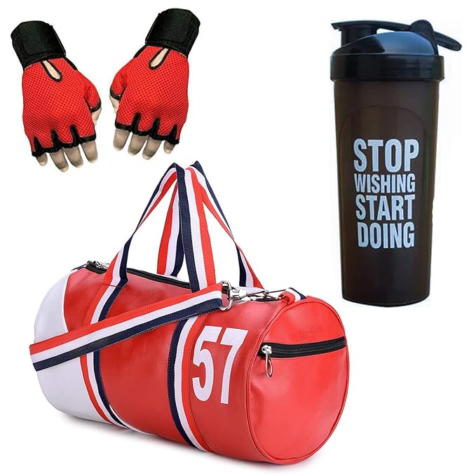 GROUPERS® Duffle PU Leather Bag with Shaker Bottle-700ml & Gloves/Gym Bags