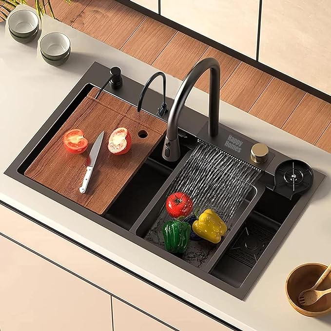HAPPY HOMES 30x18x9 inch Kitchen Sink with Integrated Waterfall and Pull Down Faucet with Metal Tray & RO Tap