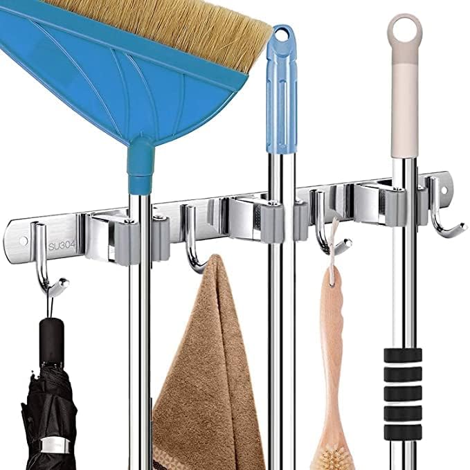 3 Clips and 4 Hooks Mop and Broom Holder Wall Mount, Broom Organizer Stainless Steel & Silicone Clips