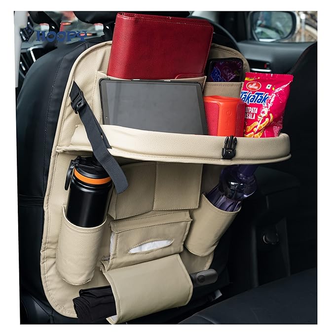 HOOPY PU Leather Auto Car Back Seat Organizer with Foldable Dining Table Tray, Multipocket Storage