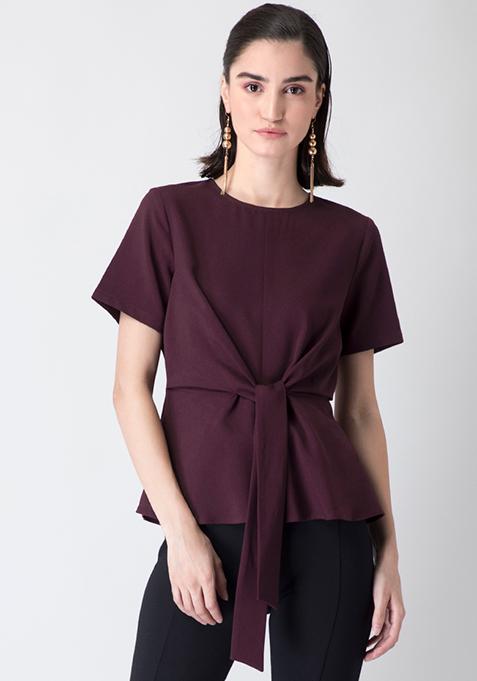 Wine Front Knot Blouse