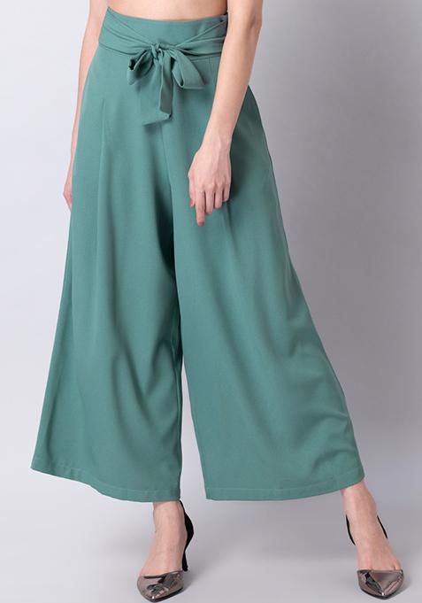 Green Belted High Waist Flared Trousers