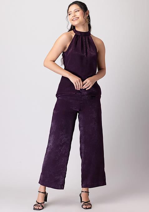Dark Purple Halter Top And Pants Co-ord Set
