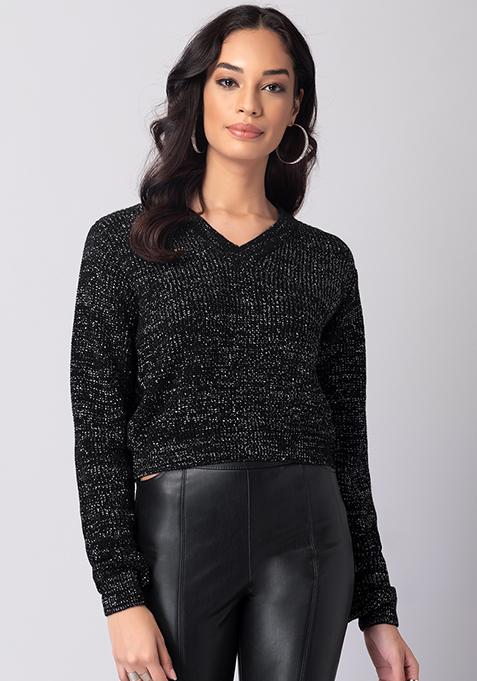Black V-Neck Lurex Crop Sweater