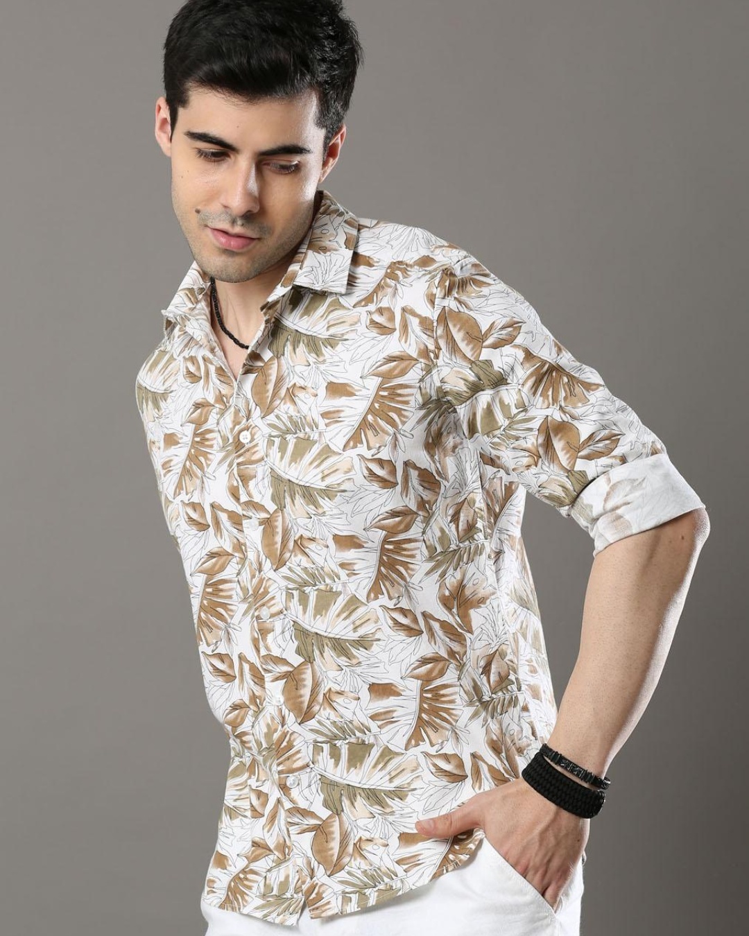 Men’s Brown Leaf Printed Slim Fit Shirt