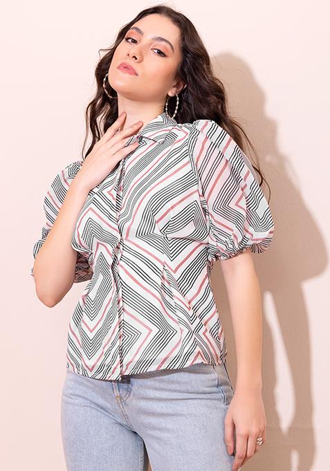 White Geometric Print Shirt With Attached Belt