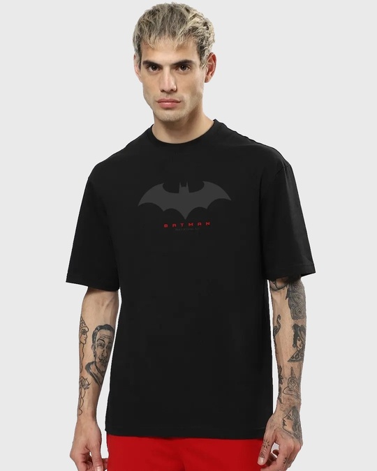 Men’s Black Batman Outline Logo Graphic Printed Oversized T-shirt