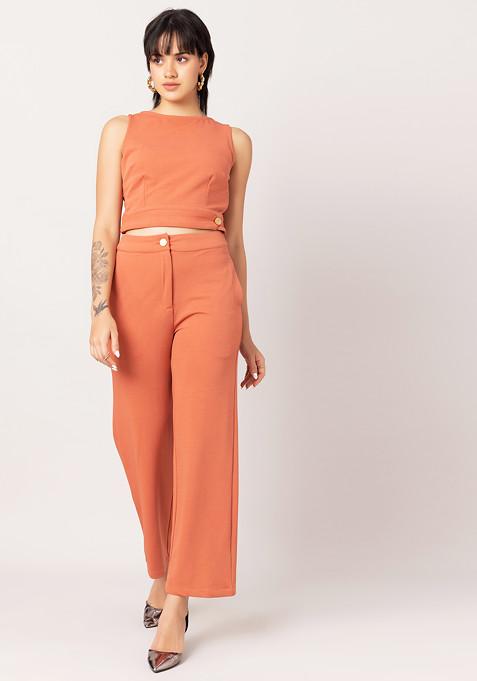 Pink Sleeveless Crop Top And Straight Fit Trousers Co-ord Set