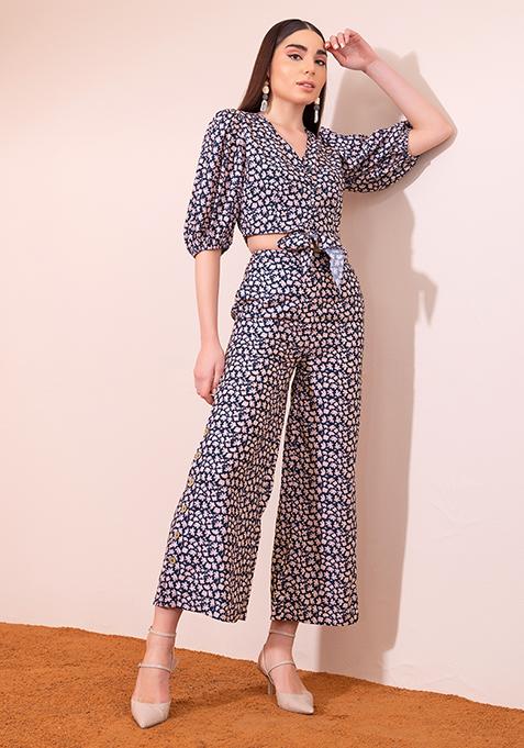 Blue Floral Print Tie Up Top And Trousers Co-ord Set