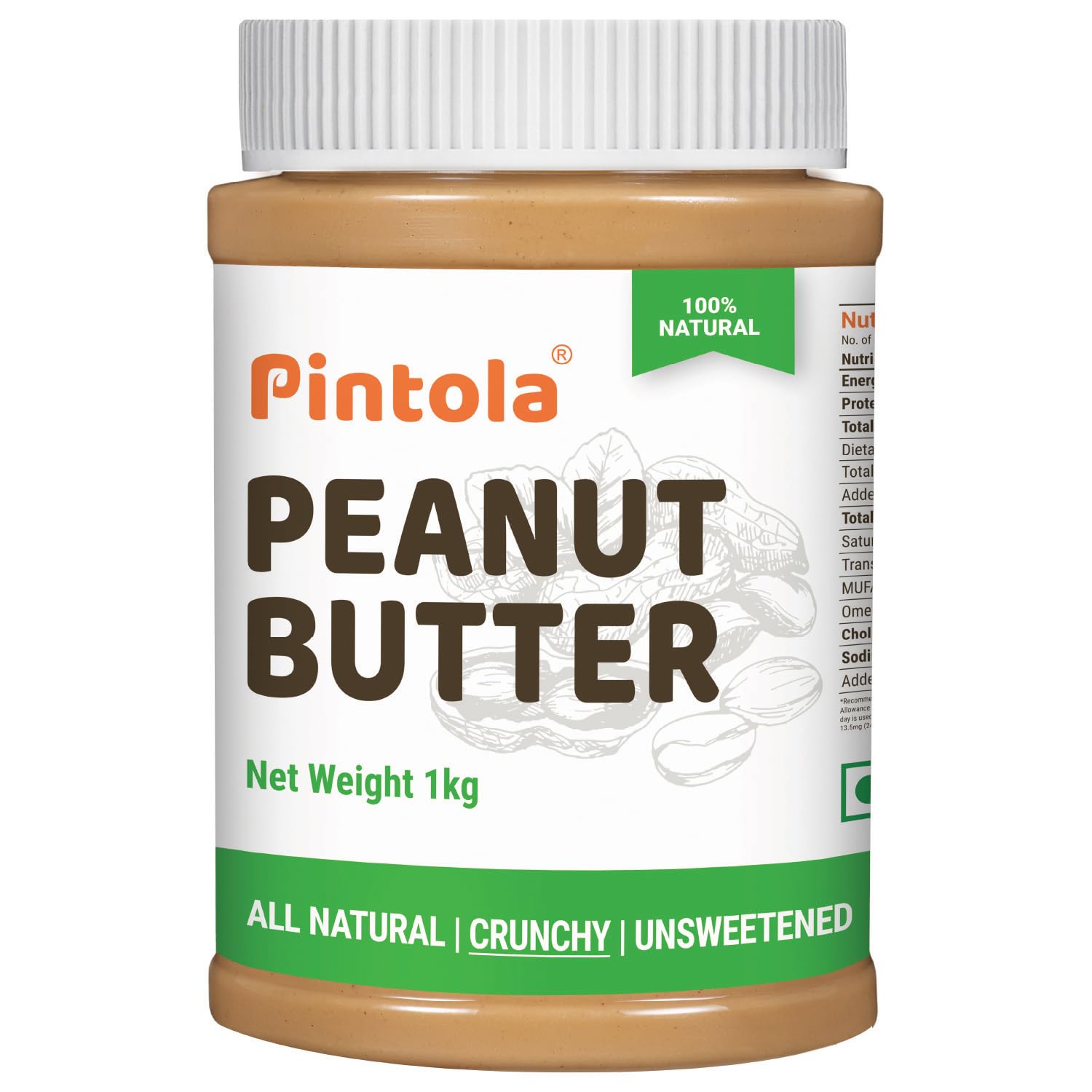 Pintola All Natural Peanut Butter Crunchy 1kg | Unsweetened | 30g Protein | Vegan Peanut Butter