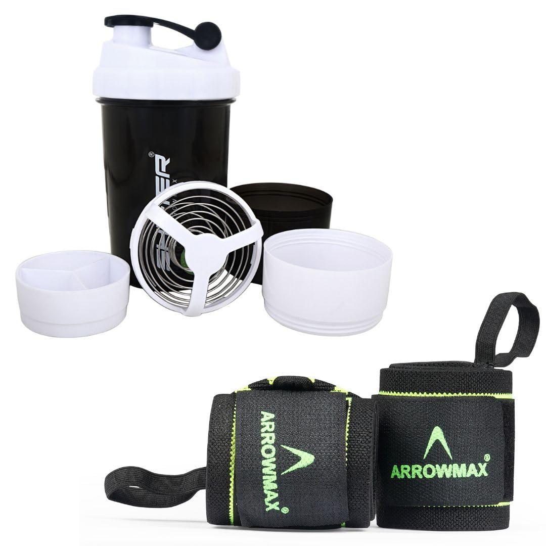 ArrowMax Protein Fitness Combo Gym Shaker Bottle With Wrist Band Support Gym & Sports Kit