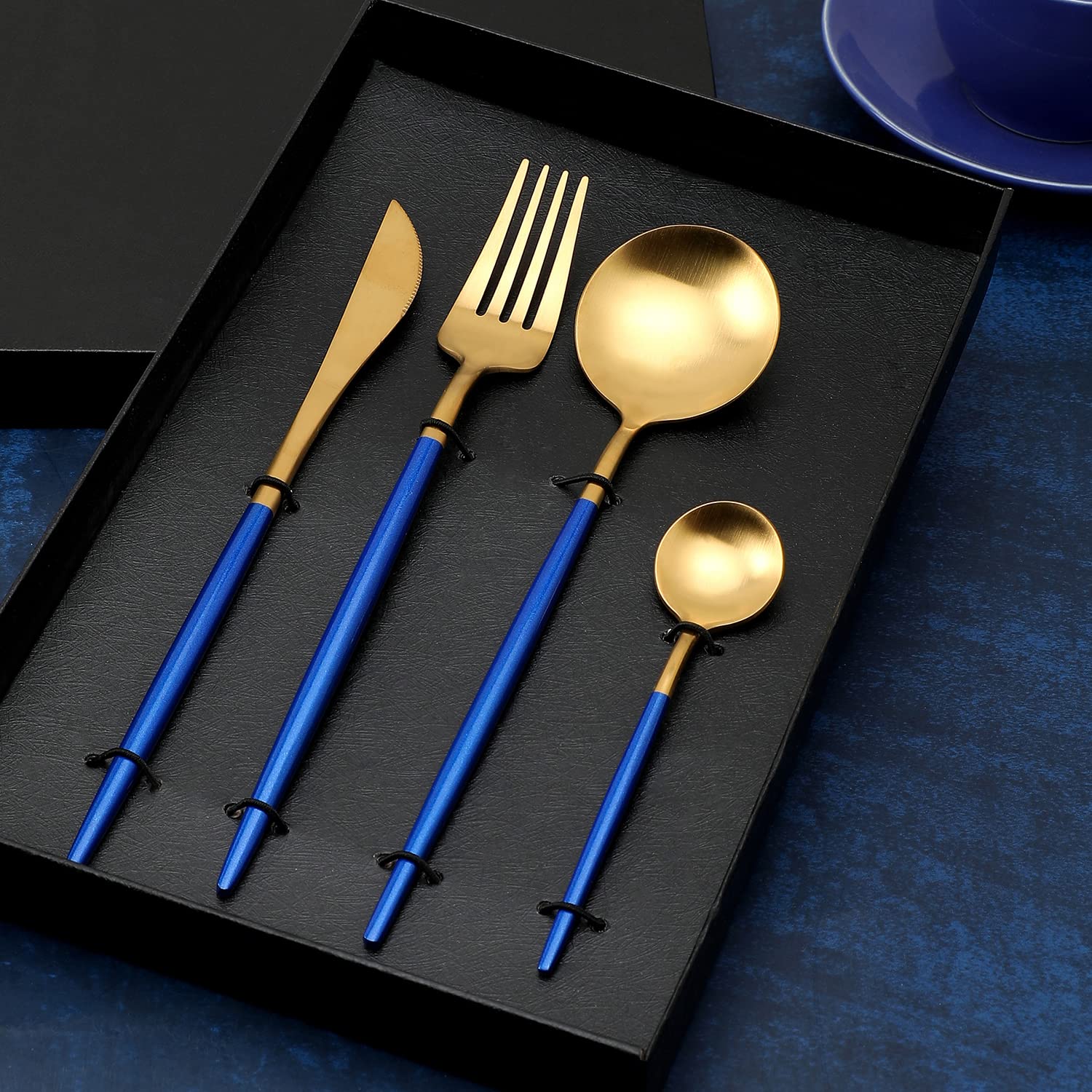 Bonhomie Modern Cobalt Blue & Gold Solid Stainless Steel Cutlery Set for Home & Kitchen
