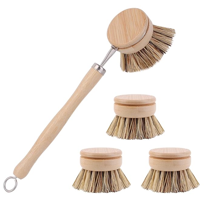 Bamboo Dish Brush with 4 Replacement Heads, Natural Plant Dish Scrub Brush
