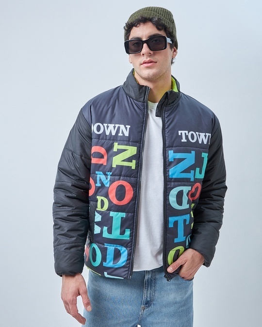 Men’s Black & Blue Bate Typography Oversized Puffer Jacket