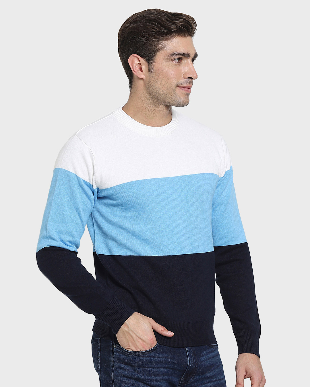 Men’s Blue & White Color Block Flat Knit Sweater