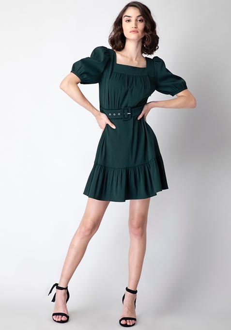 Green Square Neck Puff Sleeve Belted Dress