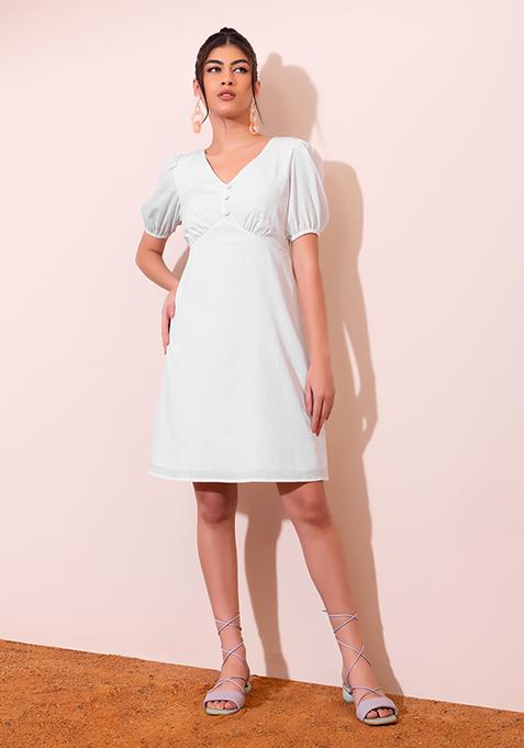 White Puff Sleeve Buttoned A-Line Dress