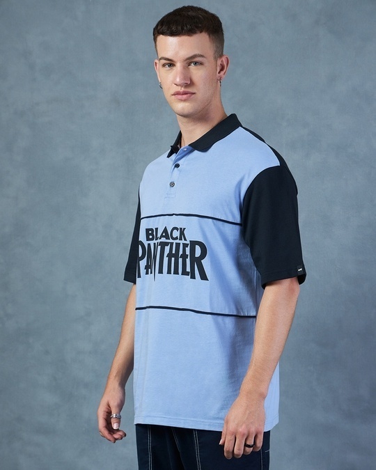 Men’s Blue Black Panther Graphic Printed Oversized Polo T-shirt