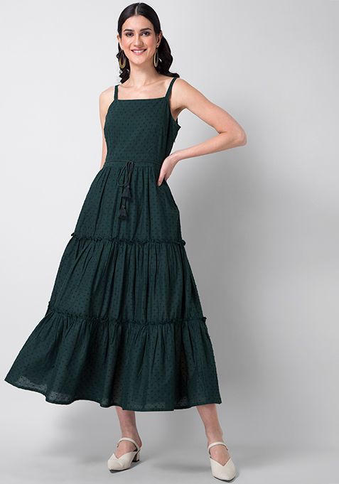 Bottle Green Tiered Strappy Maxi Dress