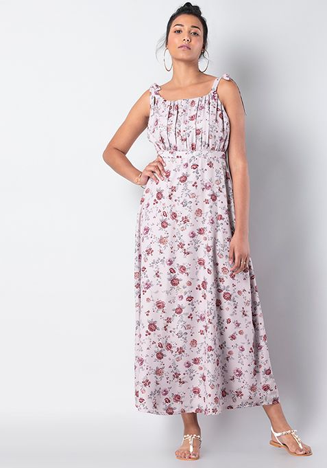 Beige Floral Strappy Maxi Dress
