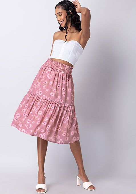 Dusty Pink Floral Midi Skirt