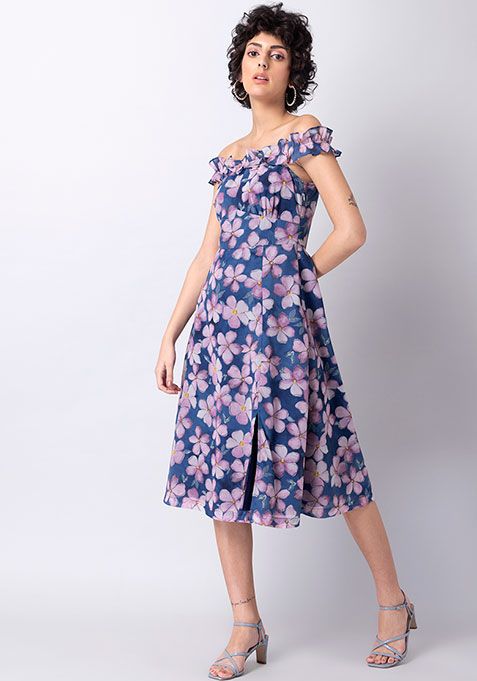 Blue Floral High Slit Off-Shoulder Midi Dress