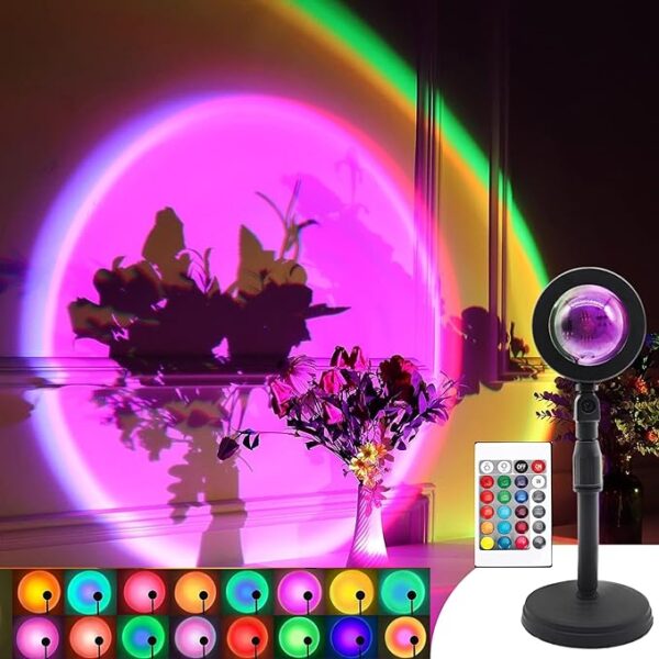Sunset Lamp Projector, 16 Colors Laser With Led Lights / Desk Lamp, Rainbow Night Light 360 Degree Rotation Romantic Sunlight With Remote(Plastic, Black, Pack Of 1)