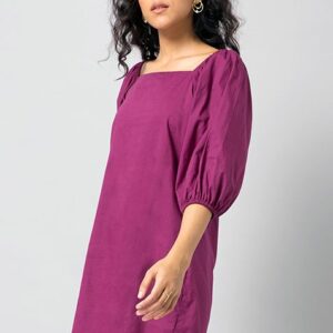 Plum Poplin Puff Sleeve Back Tie Dress