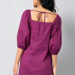 Plum Poplin Puff Sleeve Back Tie Dress