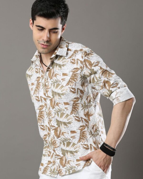 Brown Leaf Printed Slim Fit Shirt